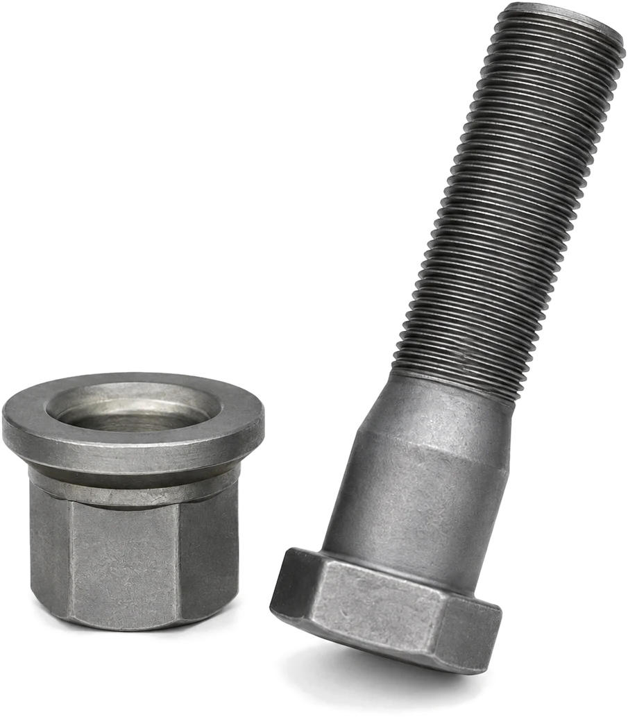 Truck wheel flange nut next to a hex-head truck wheel bolt