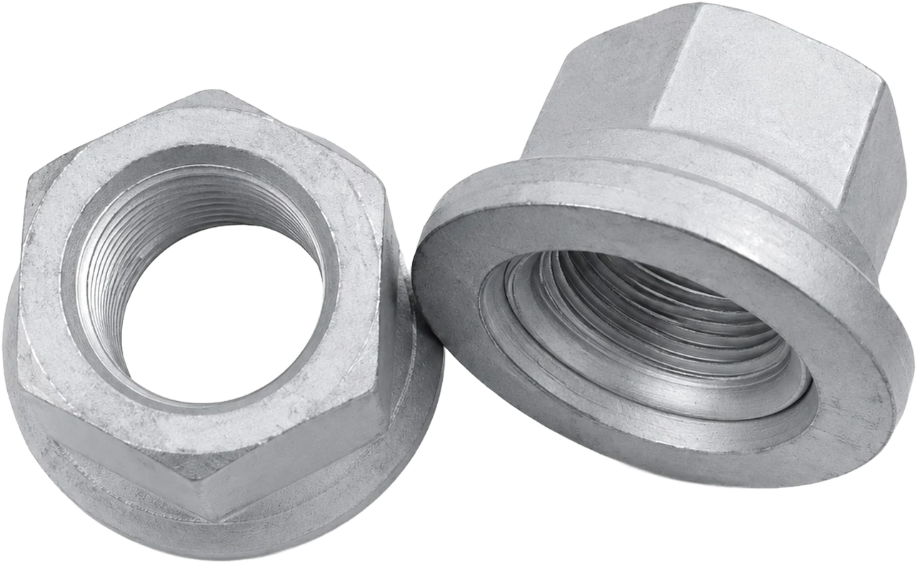 Two zinc-coated truck wheel flange nuts