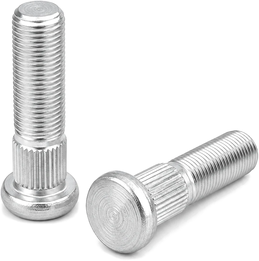 Two zinc-plated serrated round-head truck wheel studs